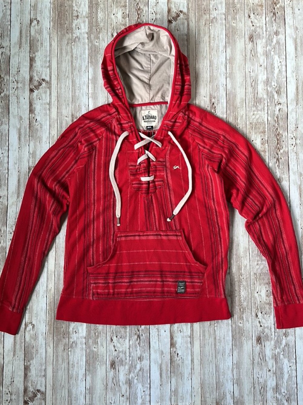 A. Tiziano Men's Long Sleeve Hooded Sweatshirt sz Large 100% Cotton Red Stripes